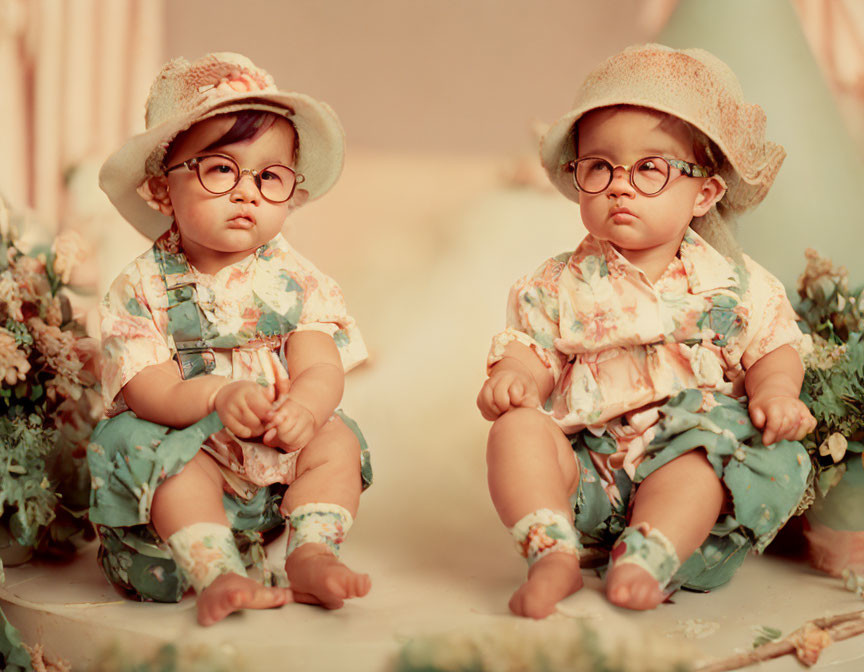 Matching Floral Outfits & Straw Hats Toddlers with Round Glasses Sitting Among Flowers