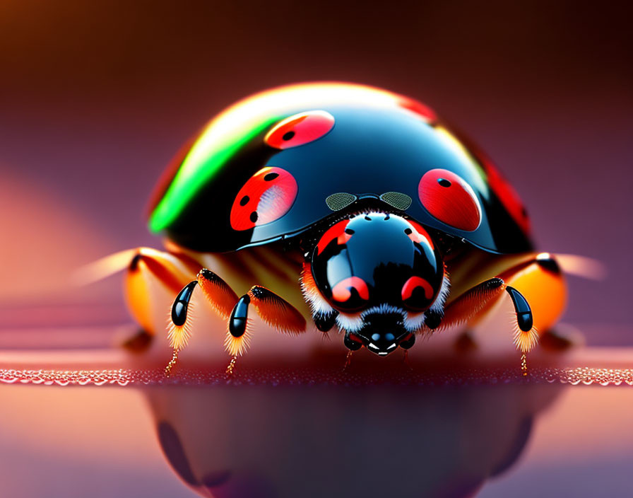 Detailed image of glossy ladybug with reflective shell on surface