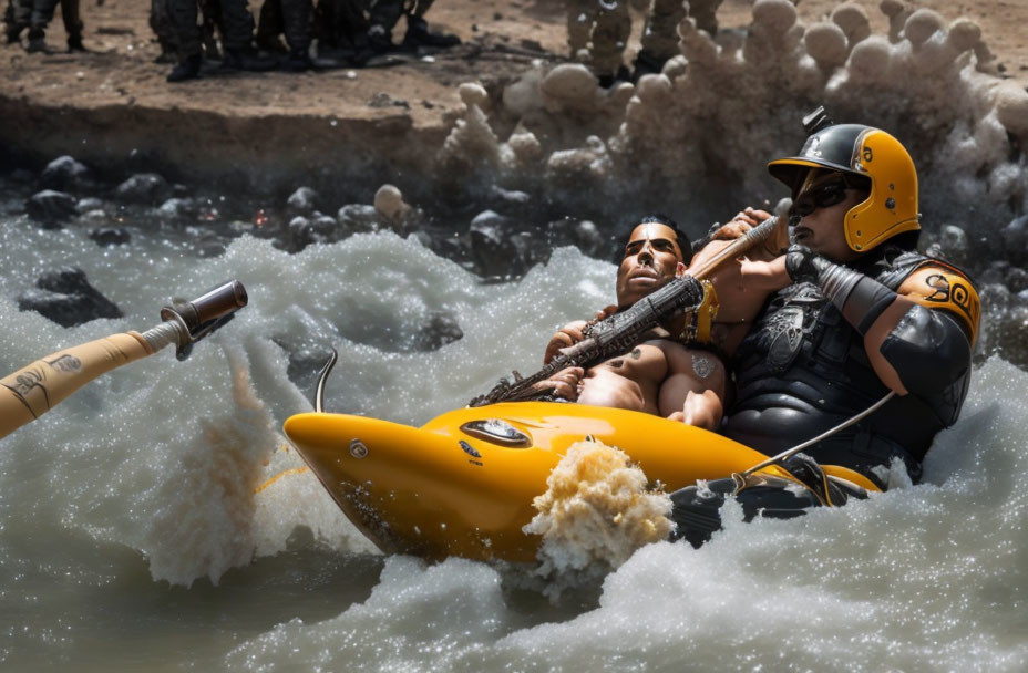 Two individuals in yellow raft navigating rough waters with paddles and helmets