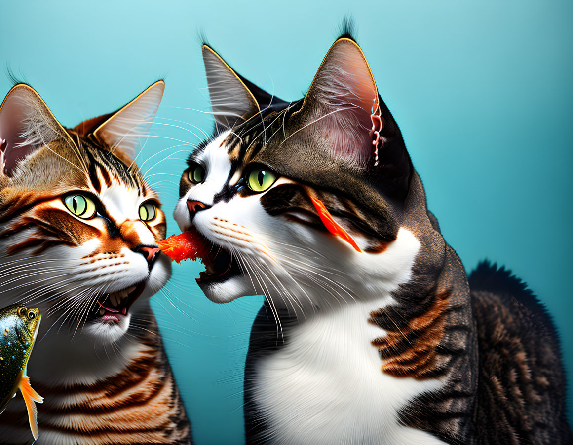 Animated cats with intense interaction over fish on turquoise background