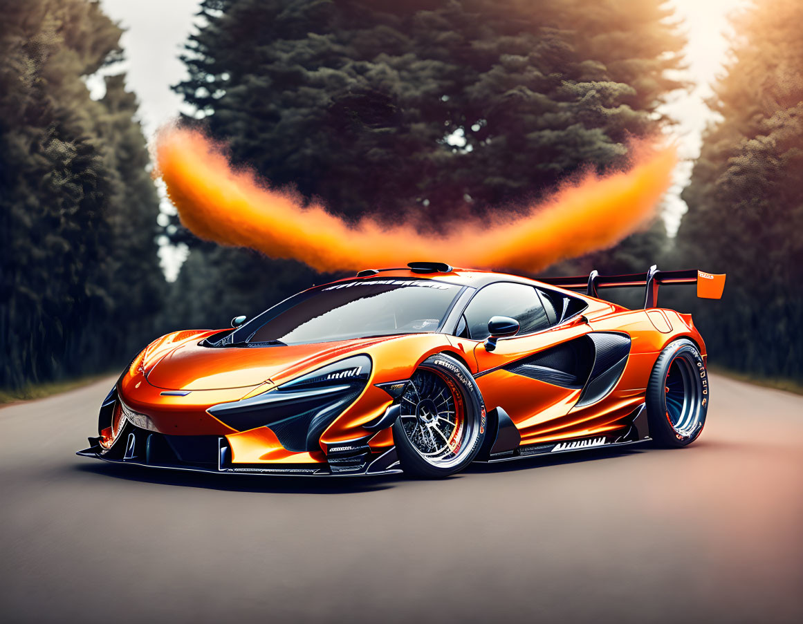 Orange Sports Car with Aerodynamic Bodywork and Flames Shooting from Exhaust