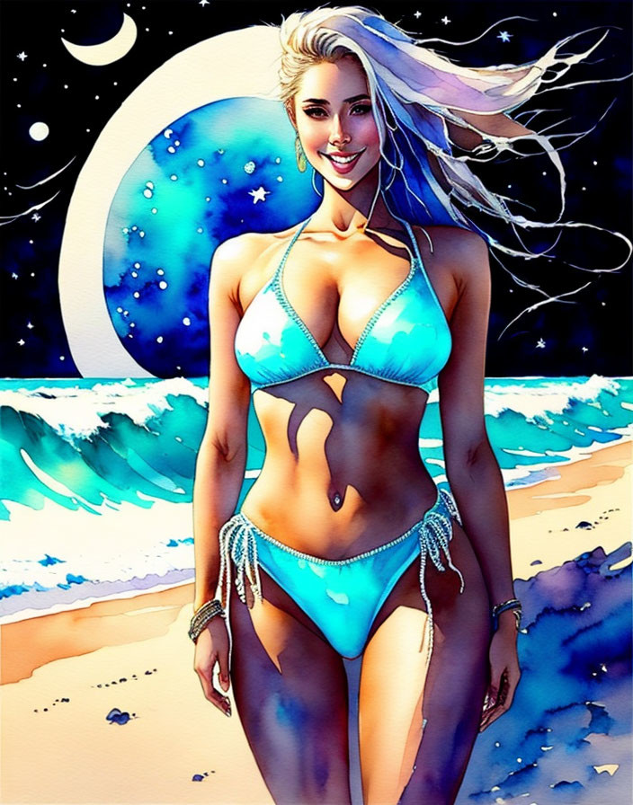 Smiling woman in turquoise bikini under crescent moon