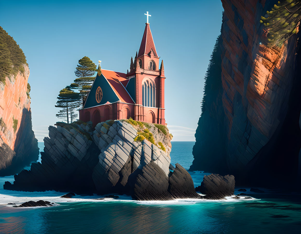 Red church with steeple on rocky formation by blue waters and cliffs