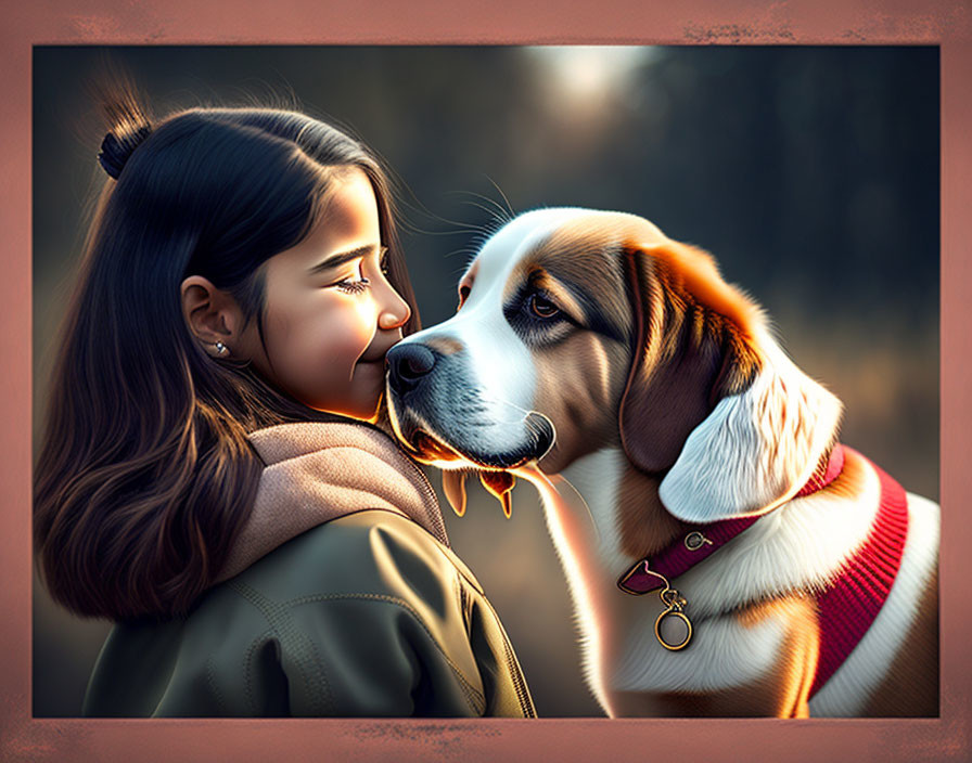 Young girl and Beagle dog share affectionate moment at sunset