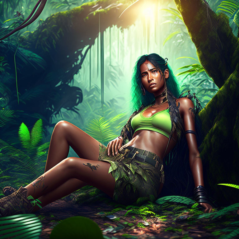 Woman with Blue Hair in Jungle Setting with Contemplative Expression