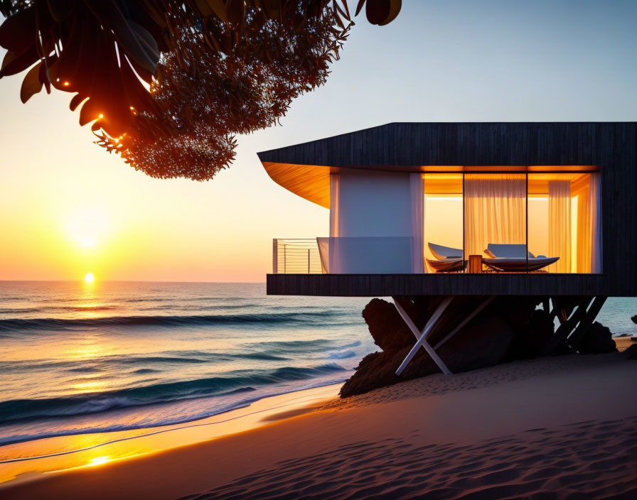 Contemporary beach house with ocean view and balcony chair