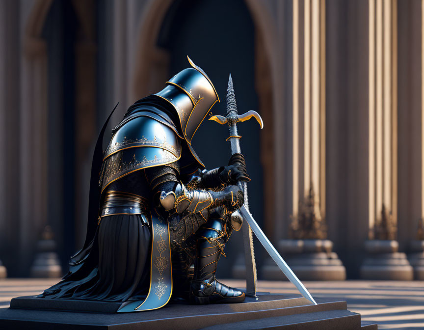 Armored knight with sword in grand hallway under sunlight shadows