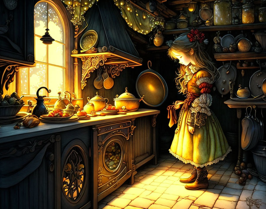 Young girl in traditional dress in cozy vintage kitchen with warm glow.