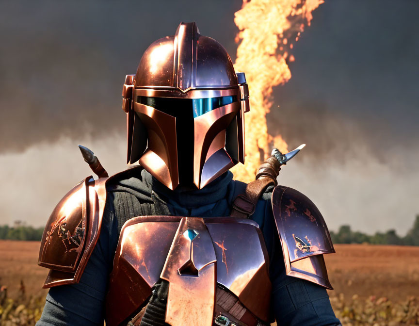 Detailed Mandalorian armor with helmet and cape in front of fiery explosion