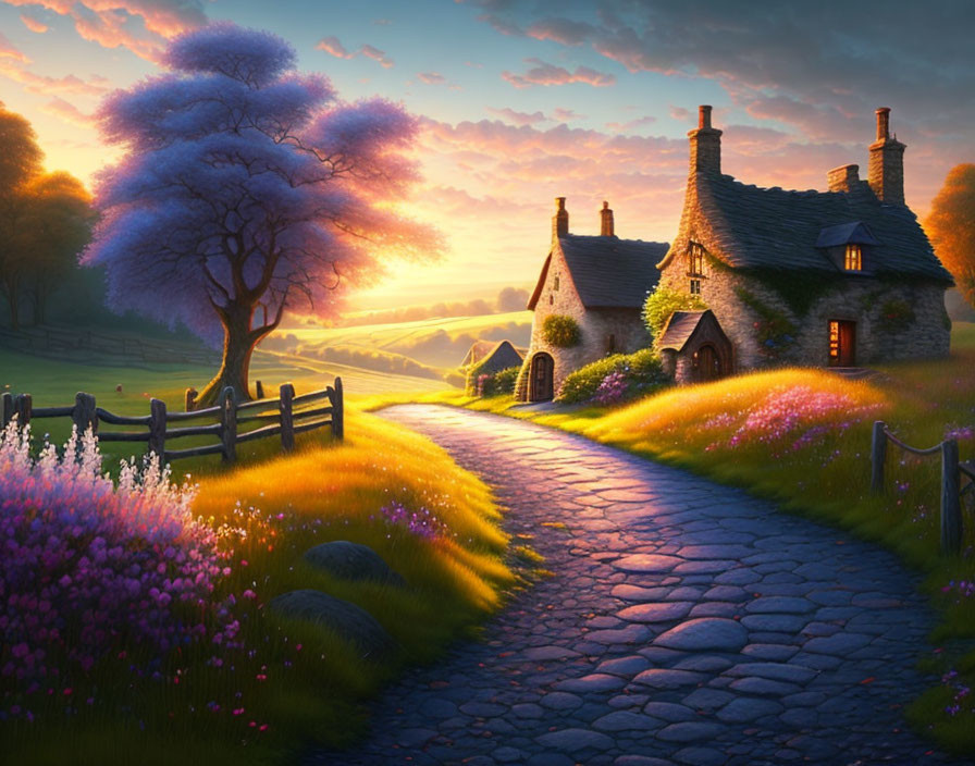 Thatched roof stone cottage by cobblestone path in sunset-lit flower landscape