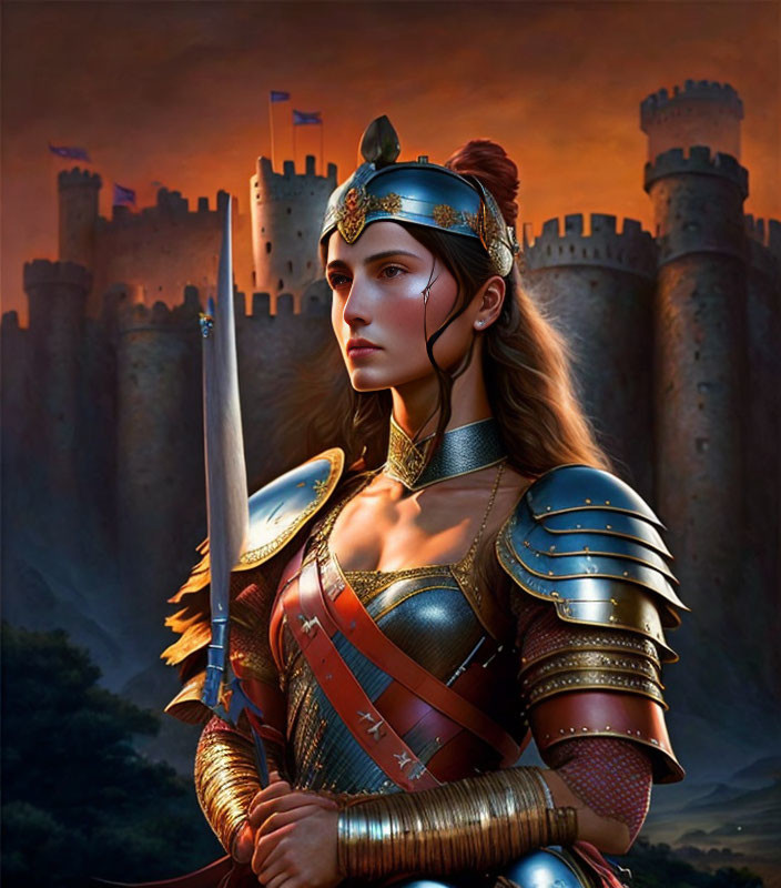 Warrior woman in ornate armor with sword and helmet at sunset