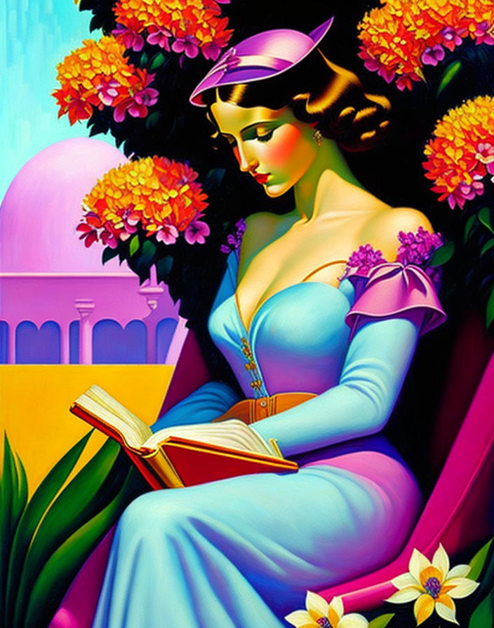 Illustration of woman in blue dress reading book among vibrant flowers