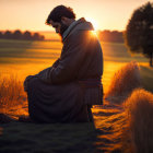 Man in traditional attire kneeling in golden field at sunset.