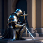 Armored knight with sword in grand hallway under sunlight shadows