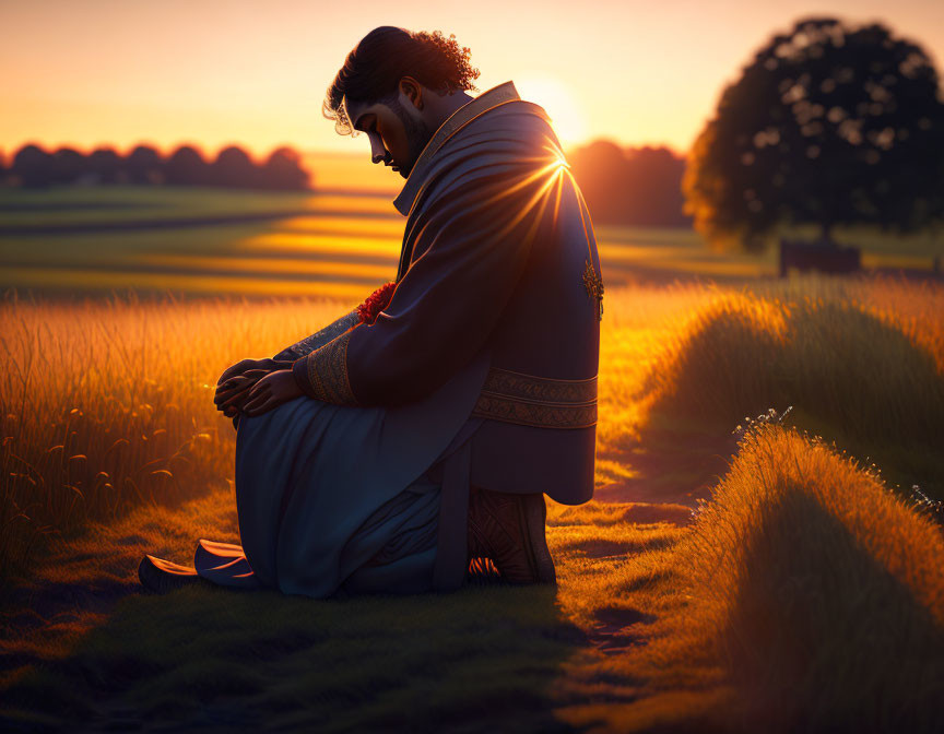 Man in traditional attire kneeling in golden field at sunset.