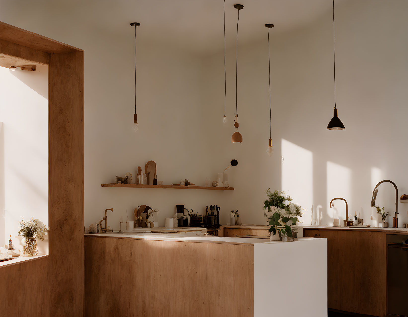 Contemporary Kitchen with Wooden Cabinets and Pendant Lights