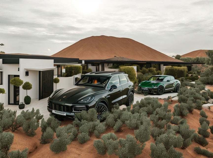 Luxury SUVs parked at modern desert home with sand dune backdrop