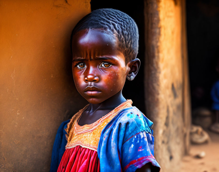 Young child in blue and orange dress against blurry brown background