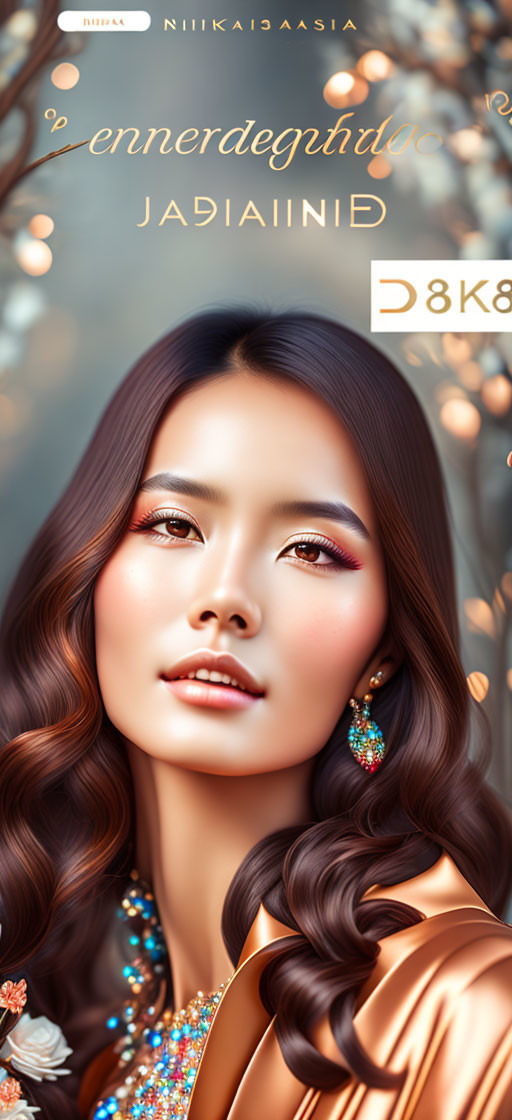 Detailed makeup and jewelry on woman in autumnal colors with bokeh effect.