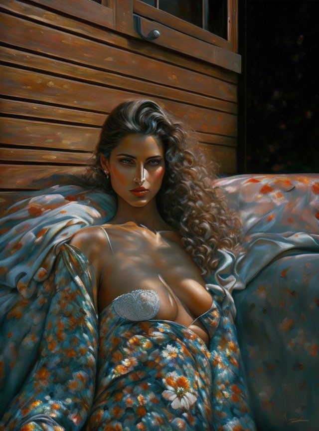 Curly Haired Woman Reclining on Patterned Fabric with Dramatic Lighting