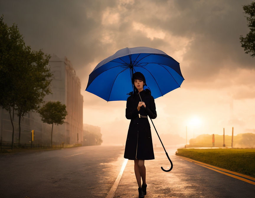 Silhouette of person with blue umbrella at sunset/sunrise