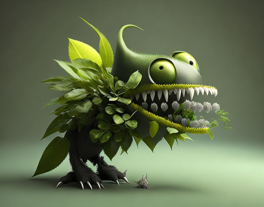 Green dinosaur-like creature made of leaves and plants with sharp teeth and small flower