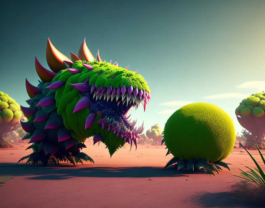 Vibrant spiky dinosaur creature in whimsical desert landscape.