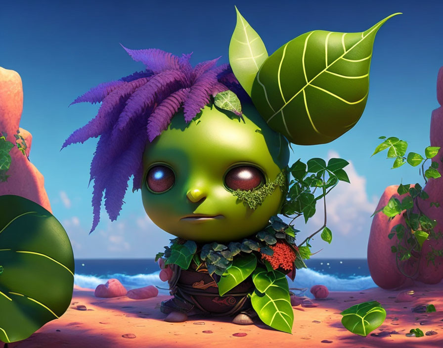 Colorful animated character with green skin, large red eyes, purple leaf-like hair, necklace, on