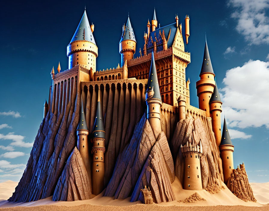 Sandcastle with multiple towers and turrets under blue sky