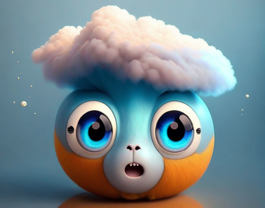 Colorful 3D illustration of round orange creature with blue eyes and fluffy cloud hat