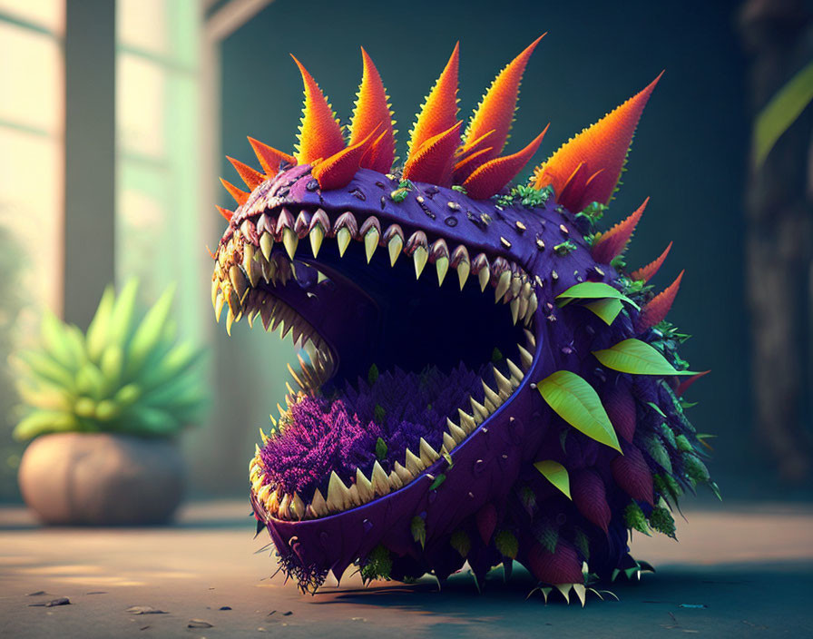 Colorful creature with sharp teeth, orange spikes, purple body, and green leaves on blurred background