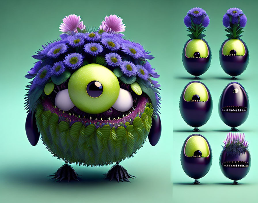 Colorful 3D fluffy monster with flower decorations and various expressions