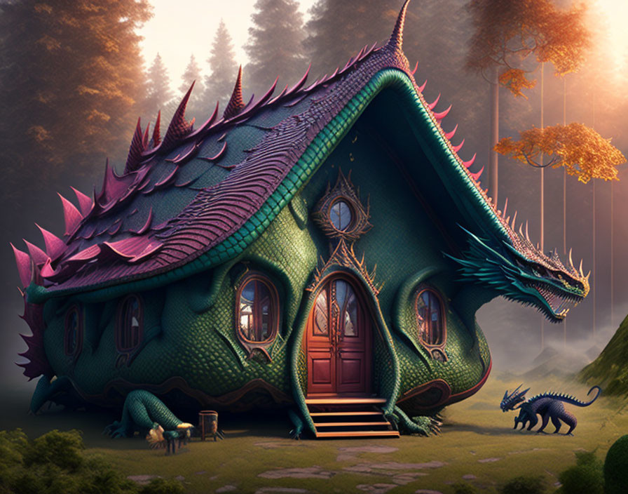 Enchanting forest with dragon-shaped house in mystical fog