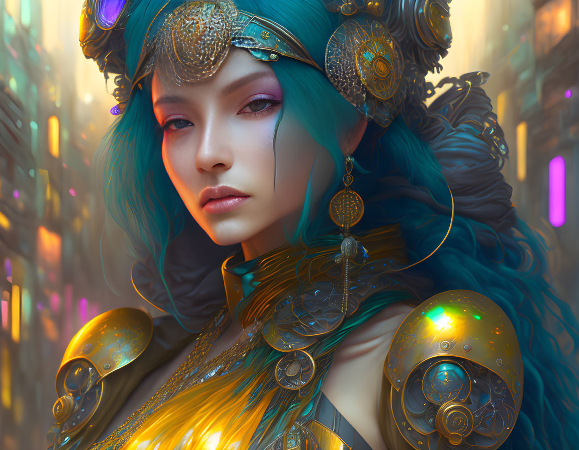 Blue-haired woman in gold armor against neon cityscape