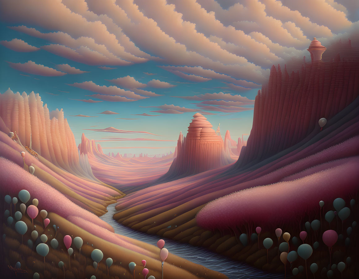 Surreal landscape with rock formations, river, and unique plants under patterned sky