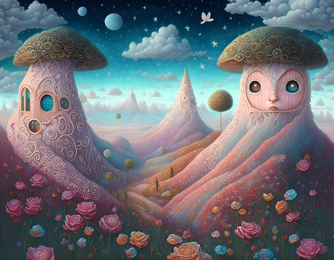 Colorful Mushroom Houses and Face-like Mountain in Whimsical Landscape