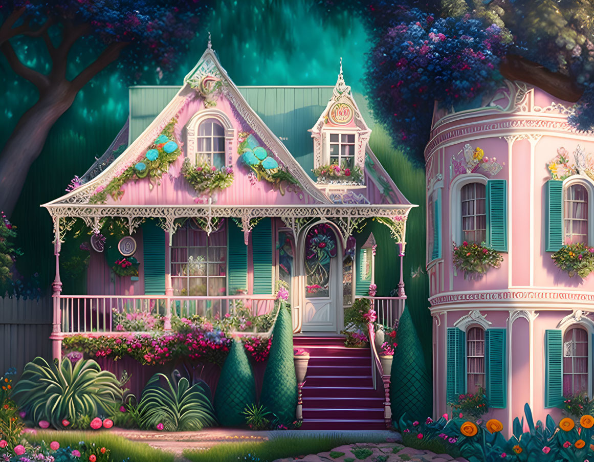 Whimsical illustration of Victorian-style houses with pink façades and lush greenery