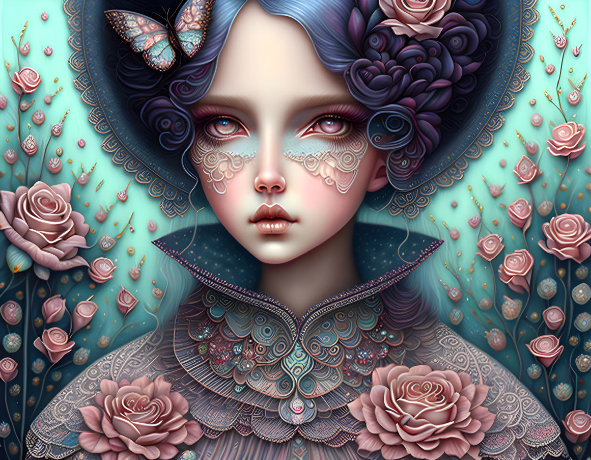 Stylized female character with floral designs and butterfly in digital art