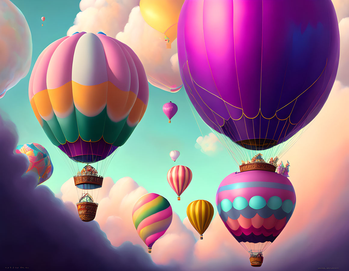 Vibrant hot air balloons in pastel sky with fluffy clouds