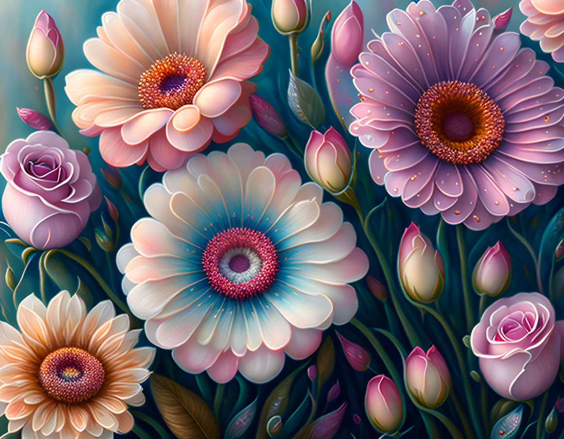 Colorful Digital Artwork Featuring Roses, Daisies, and Lush Greenery