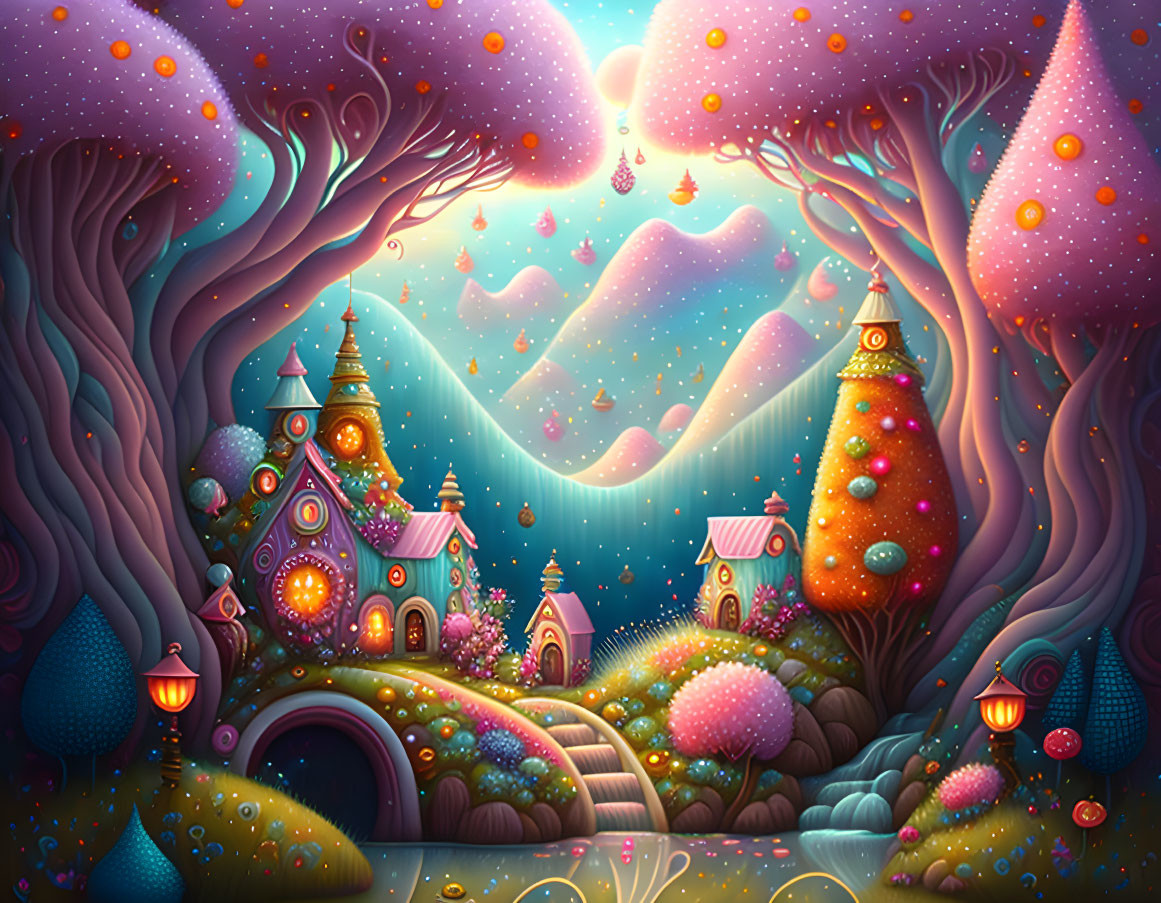 Whimsical village illustration with glowing trees and magical night sky