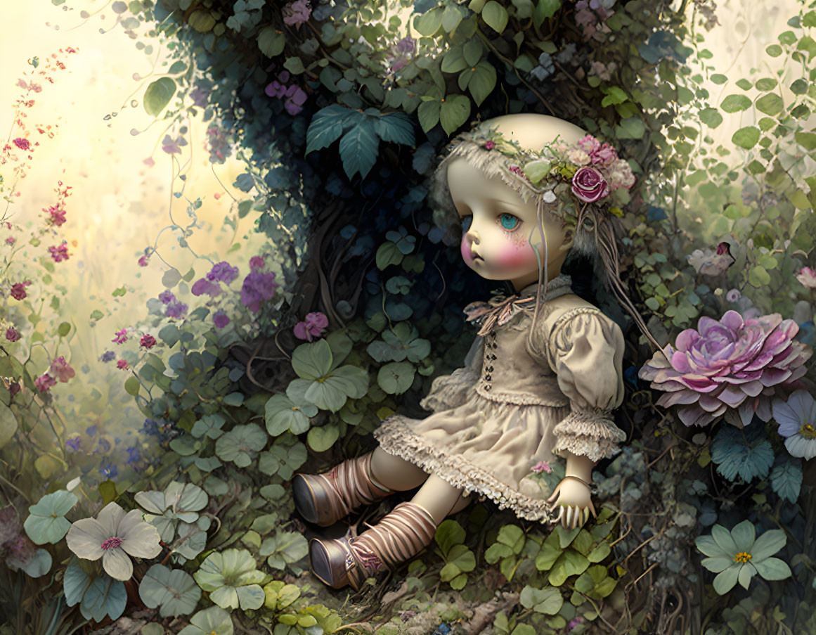 Illustration of doll-like girl surrounded by lush flowers and foliage