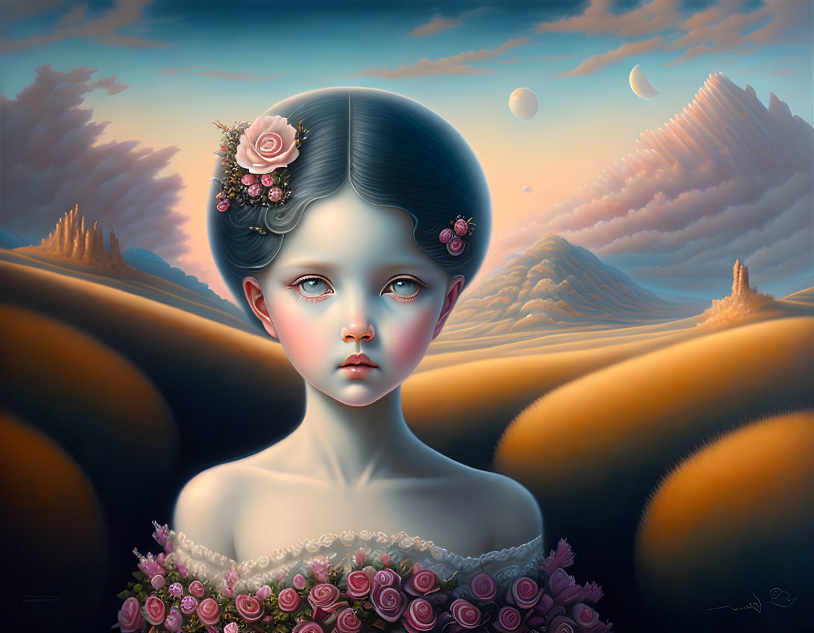 Surreal portrait of girl with large eyes and floral adornments in twilight landscape