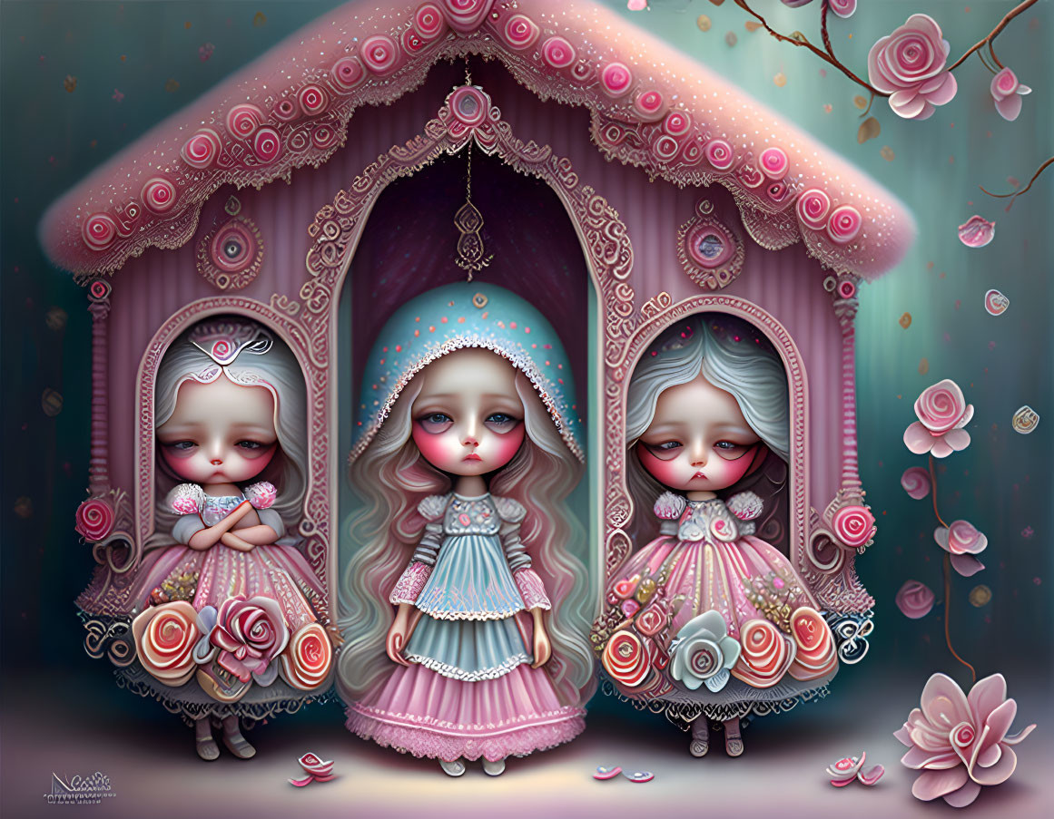 Whimsical doll-like figures in pink floral fantasy scene