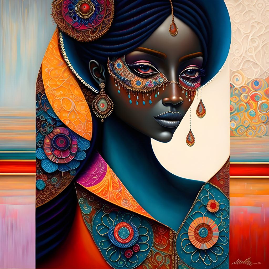 Colorful Digital Art: Stylized Woman in Rich Garments & Jewelry