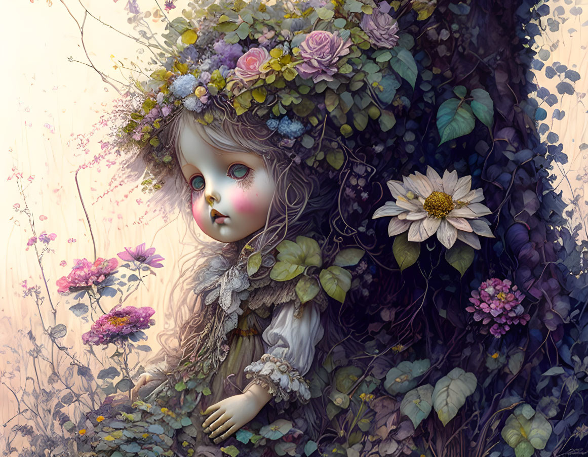 Doll-like girl with large eyes in floral crown merges with tree amidst flowers