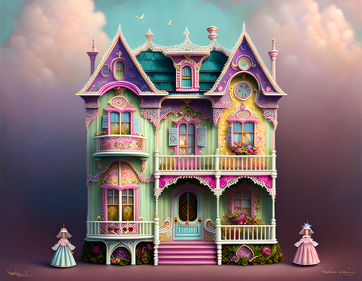 Illustration of vibrant Victorian house with princesses.