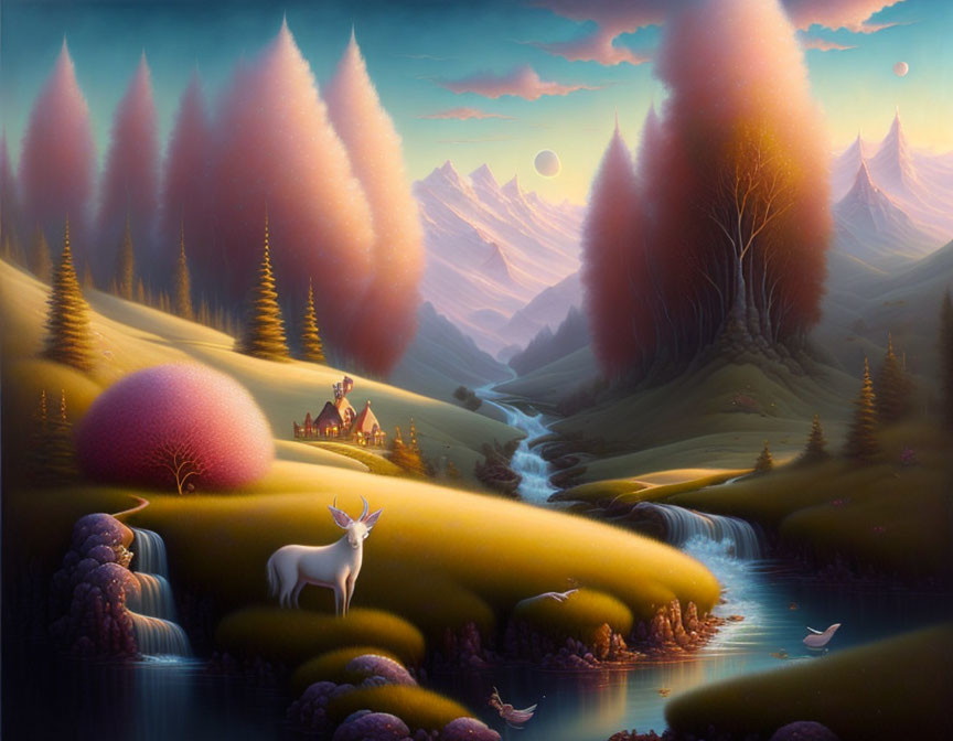 Surreal landscape with oversized trees, white stag, river, mountains, and two moons