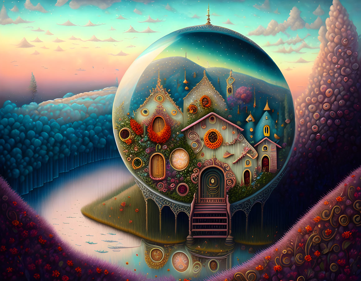 Whimsical spherical structure with intricate designs in vibrant landscape