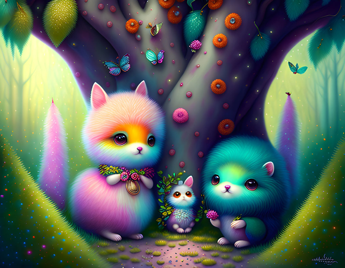 Stylized fluffy animals under vibrant magical tree with luminous butterflies